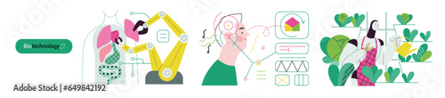 Bio Technology -modern flat vector concept illustration of improving aspects of healthcare, agriculture, environmental sustainability, industrial processes. Metaphor of bridging Science and Nature