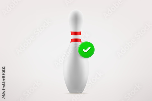 Bowling skittle with green checkmark. 3d vector icon