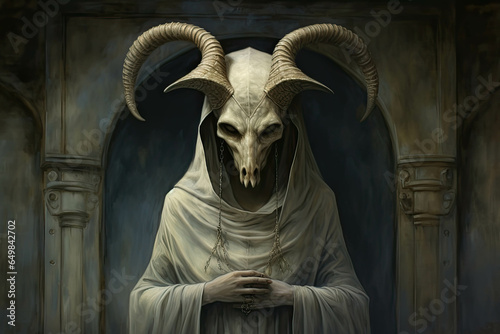 Scary figure with horn head and scull dressed in white cape