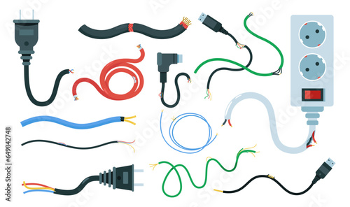 Damaged electric cables. Electric wiring circuit with broken insulation, energy conductor and voltage fiber. Vector isolated set