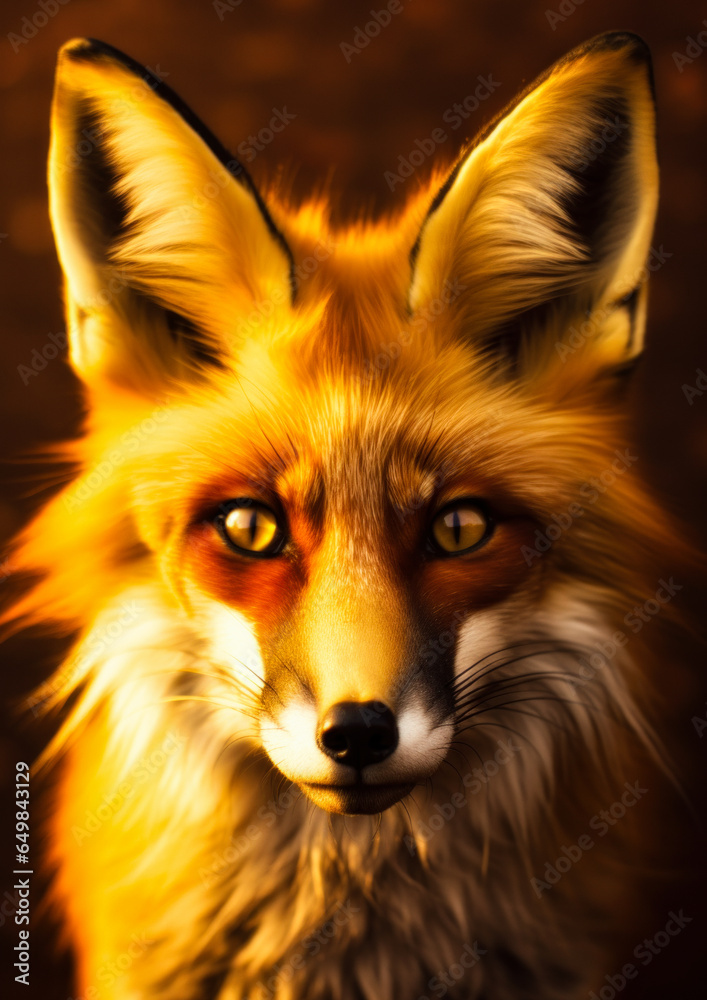 Fototapeta premium Animal portrait of a fox on a golden background conceptual for frame