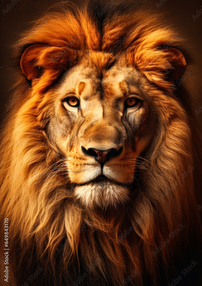 Animal portrait of a lion on a golden background conceptual for frame