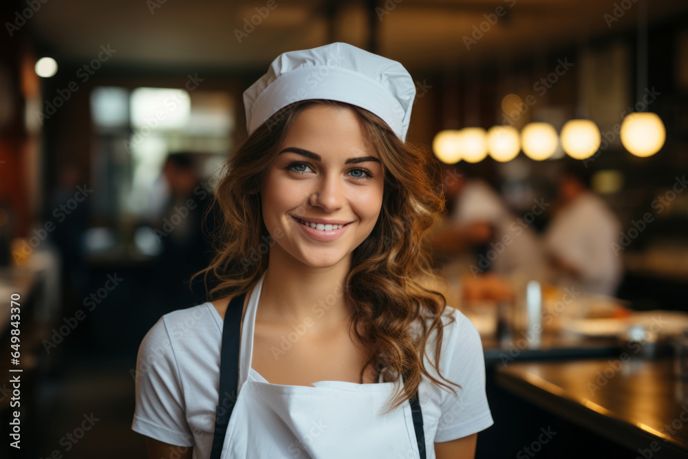 Professional female chef or waitress in apron and toque standing in restaurant - obrazy, fototapety, plakaty 