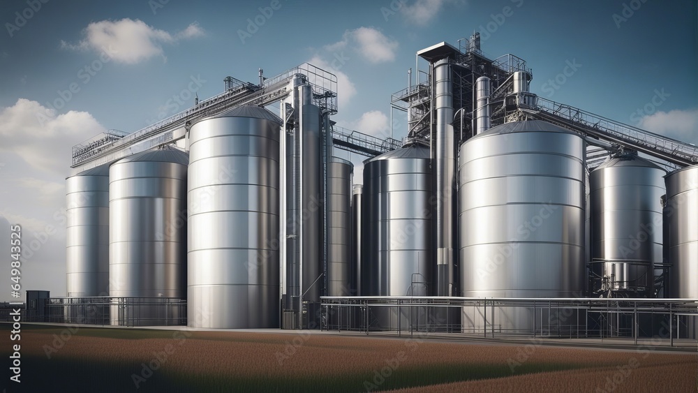 Modern Granary elevator. Silver silos on agro-processing and manufacturing plant for processing drying