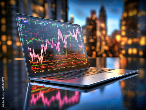 Computer where you can see the graph of the stock market movements of a broker trader in the office with wall street in the background