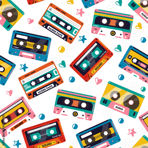 Tape cassette pattern. Seamless print of old outdated tape audio cassette, retro stereo music tape texture for wrapping paper. Vector illustration