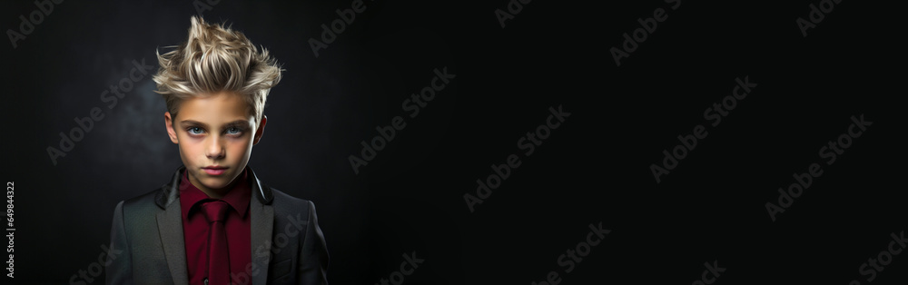 Stylish blonde teen z teenager boy in suit and red shirt posing over dramatic dark black background. Empty space place for text, copy paste - obrazy, fototapety, plakaty 