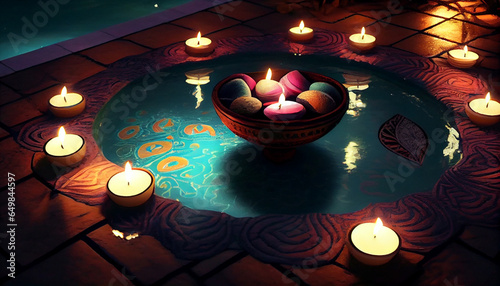 A swimming pool party decorations with diwali diya lamp in the water, Ai generated image