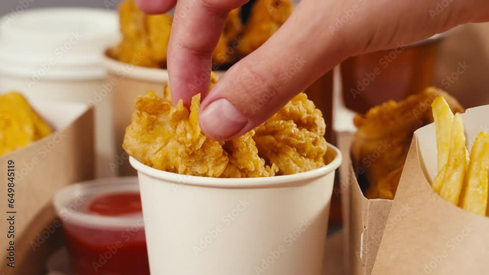Fast food delivery meals chicken nuggets and fried chicken french fries, on wooden table ready to takeaway. Fat American cuisine. Fast food delivery meals chicken nuggets and fried chicken french fries, on wooden table ready to takeaway. Fat American cuisine.
