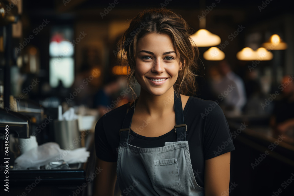Smiling young waitress small business owner barista bartender in apron at the bar restaurant counter Smiling young waitress small business owner barista bartender in apron at the bar restaurant counter