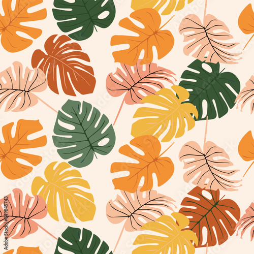 Monstera leaf seamless pattern, hand drawn tropical botanical, spring and Summer time, green style, natural ornaments for textile, fabric, wallpaper, background.