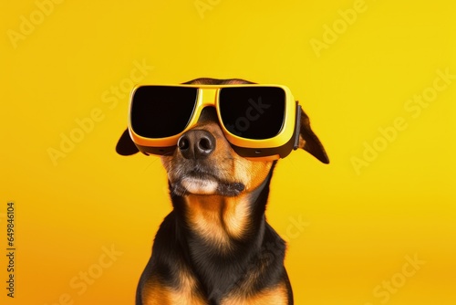 Dog with virtual reality glasses, yellow background. Generative AI