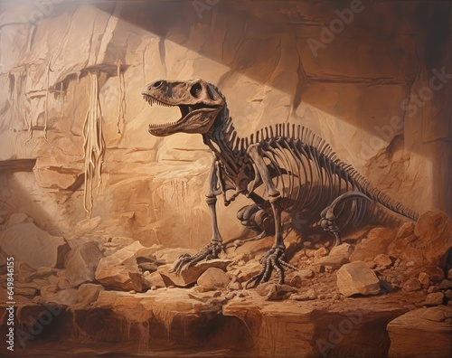 Dinosaur skeleton, Jurassic era and archeology concept. Generative AI