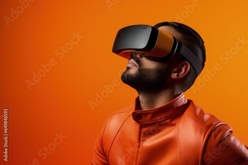 Young man with virtual reality glasses, technology and entertainment concept. Generative AI © Deivison