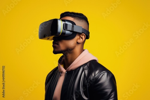 Young man with virtual reality glasses, technology and entertainment concept. Generative AI © Deivison