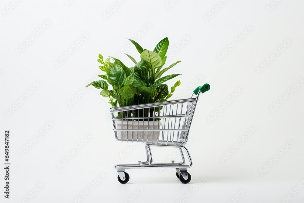 Shopping cart with plants inside, white background. Generative AI Shopping cart with plants inside, white background. Generative AI