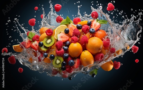 A spectacular explosion of various berries and fruits on a monochrome background. Water splash and freshness of berries and fruits