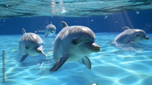 baby dolphins with friends playing single color background Generative Ai