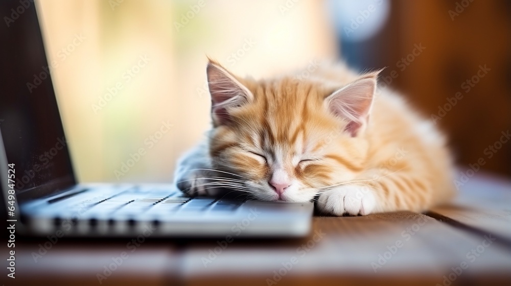 Cute kitten sleeping on laptop keyboard with copy space, concept of working from home, resting, relaxation, and take a break. Cute kitten sleeping on laptop keyboard with copy space, concept of working from home, resting, relaxation, and take a break.
