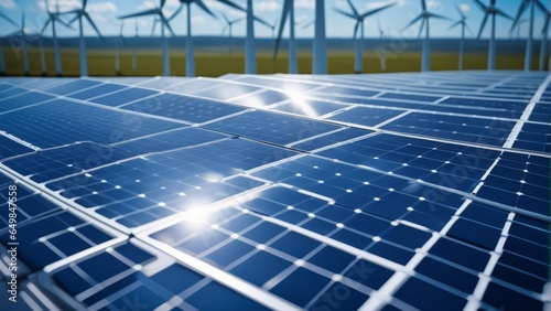 solar panels and wind turbines under blue sky photo