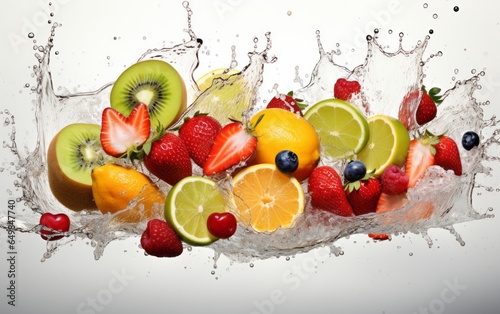 A spectacular explosion of various berries and fruits on a monochrome background. Water splash and freshness of berries and fruits