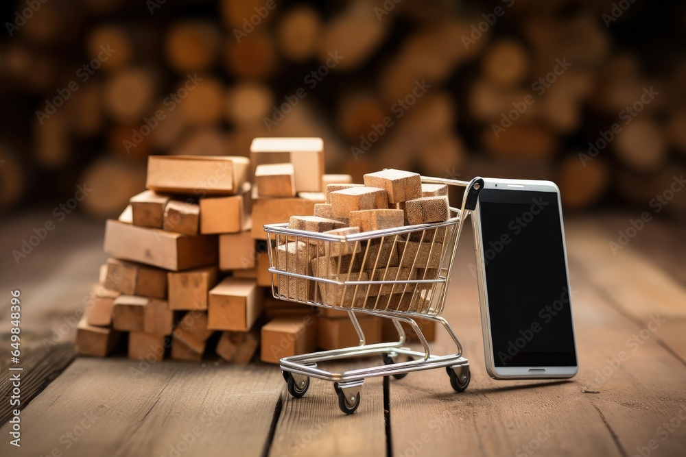 Shopping cart with wooden blocks inside and cell phone. Generative AI Shopping cart with wooden blocks inside and cell phone. Generative AI