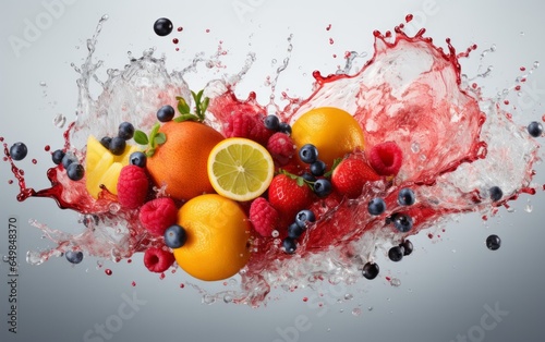 A spectacular explosion of various berries and fruits on a monochrome background. Water splash and freshness of berries and fruits