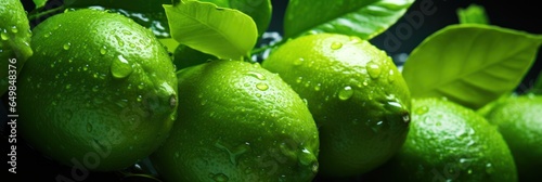 Limes, green lemons background close up view. whole citrus fruits and leaves