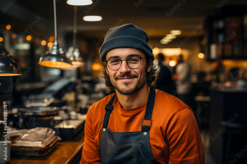 Portrait of chef in apron and toque standing in commercial kitchen. male profession concept - obrazy, fototapety, plakaty 