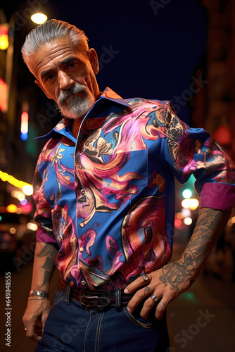 Generative AI illustration of Chicano man with tattoos walking through the streets © Eduardo Lopez
