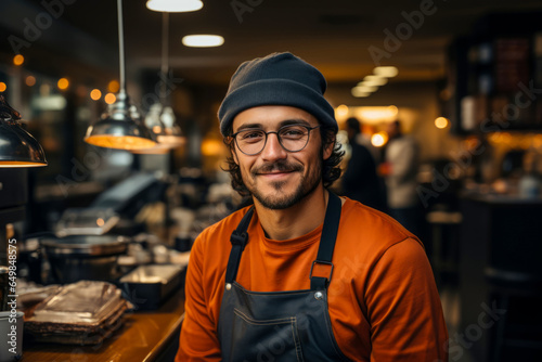 Portrait of chef in apron and toque standing in commercial kitchen. male profession concept photo