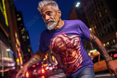 Generative AI illustration of Chicano man with tattoos walking through the streets