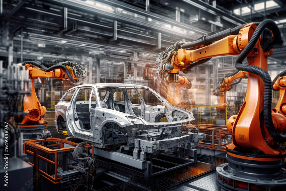 Generative AI illustration of Robots welding on car assembly line Generative AI illustration of Robots welding on car assembly line