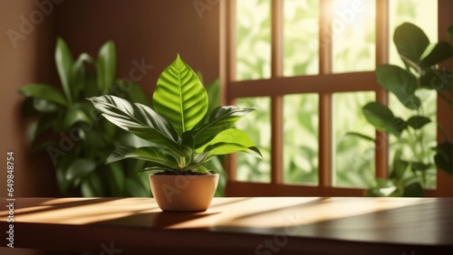 wood table backgorund with sunlight window create leaf shadow on wall with blur indoor green plant 