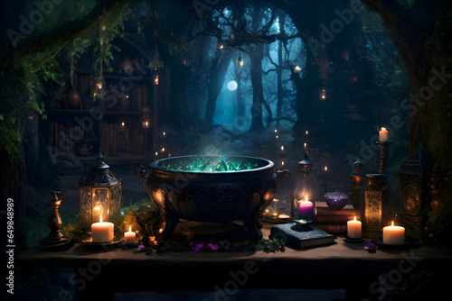 Enchanting Witch's Lair in Mystical Forest: Fantasy Artwork with Cauldron, Spells, and Magical Creatures - Eerie & Ethereal Moonlit Scene