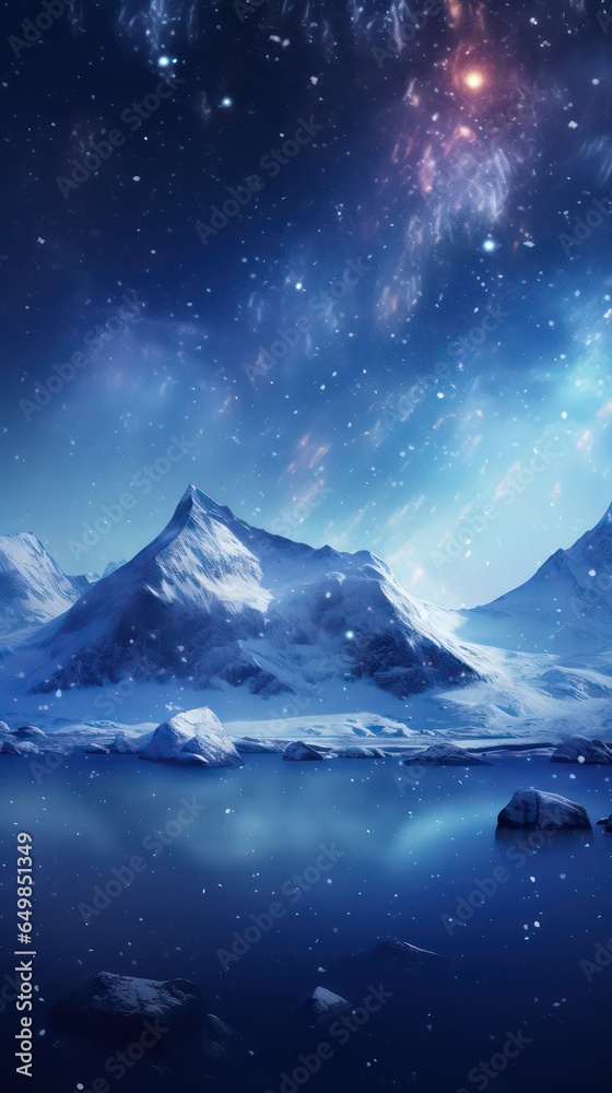 Icy blue landscape with lake and mountains. Aurora boeralis, northern light on the sky. Winter scene. 
