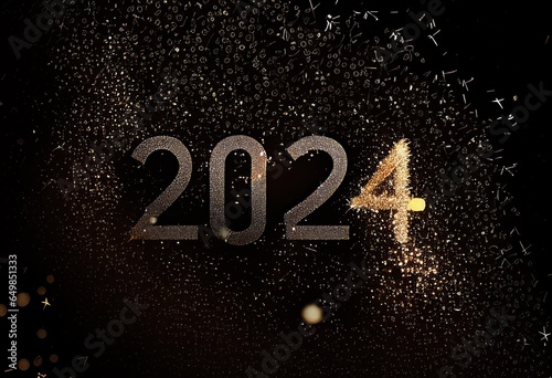 Happy New Year 2024, colorful greeting car,d fire works,  golden sparkle. Celebration concept. 