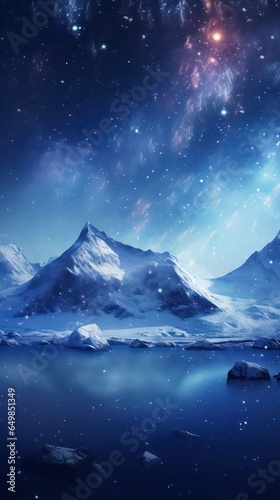 Icy blue landscape with lake and mountains. Aurora boeralis, northern light on the sky. Winter scene. 