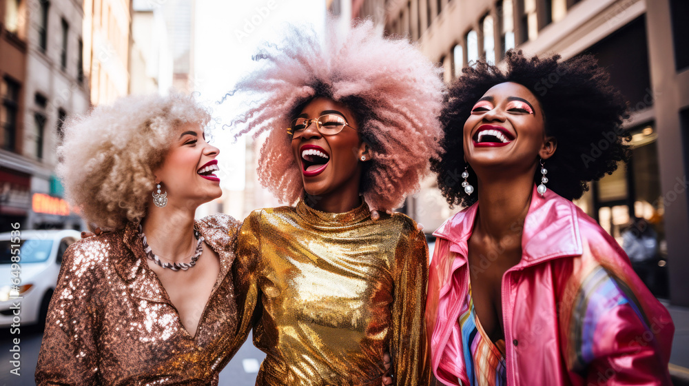 three multiracial women on the street after partying in festive clothes - New Year's Eve -created with ai