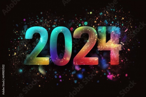 Colorful banner, Happy New Year 2024, colorful greeting car,d fire works,  golden sparkle. Celebration concept. 