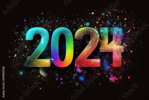 Colorful banner, Happy New Year 2024, colorful greeting car,d fire works,  golden sparkle. Celebration concept. 