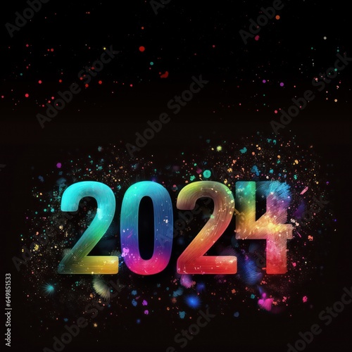 Colorful banner, Happy New Year 2024, colorful greeting car,d fire works,  golden sparkle. Celebration concept. 