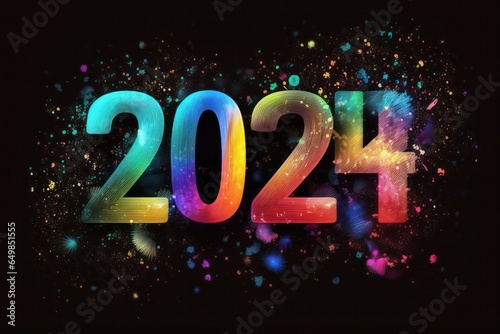 Colorful banner, Happy New Year 2024, colorful greeting car,d fire works,  golden sparkle. Celebration concept. 