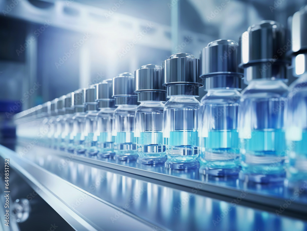 Medical glass vials on production line at the pharmaceutical factory. Pharmaceutical industry background