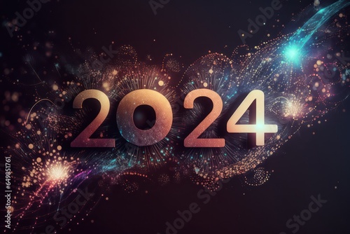 Happy New Year 2024, colorful greeting car,d fire works,  golden sparkle. Celebration concept. 