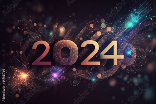 Happy New Year 2024, colorful greeting car,d fire works,  golden sparkle. Celebration concept. 