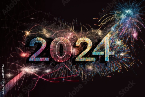 Happy New Year 2024, colorful greeting car,d fire works,  golden sparkle. Celebration concept. 
