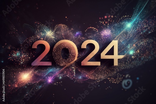 Happy New Year 2024, colorful greeting car,d fire works, golden sparkle. Celebration concept. 