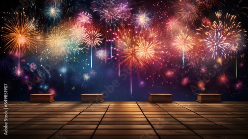 Happy New Year 2024, colorful greeting car,d fire works,  golden sparkle. Celebration concept. 