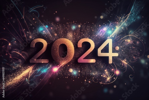 Happy New Year 2024, colorful greeting car,d fire works, golden sparkle. Celebration concept. 